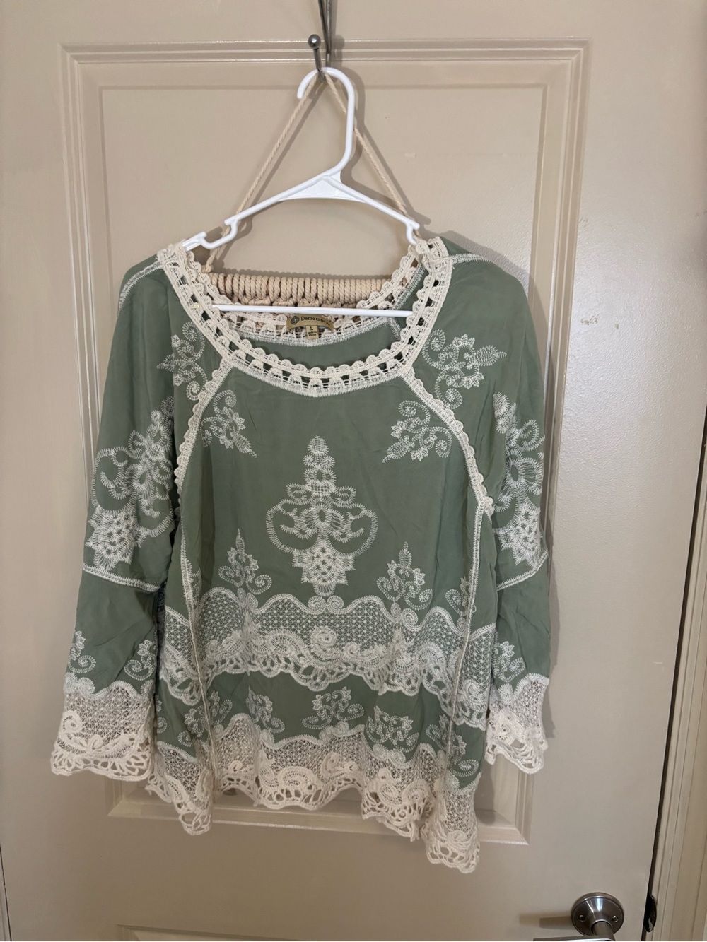 Democracy Sage Green Crochet Trim Lace Blouse